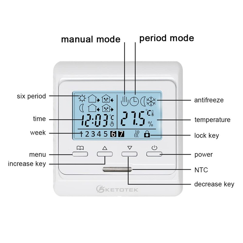 KETOTEK Digital Thermostat Underfloor Heating Electrically Programmable Flush-Mounted with Sensor