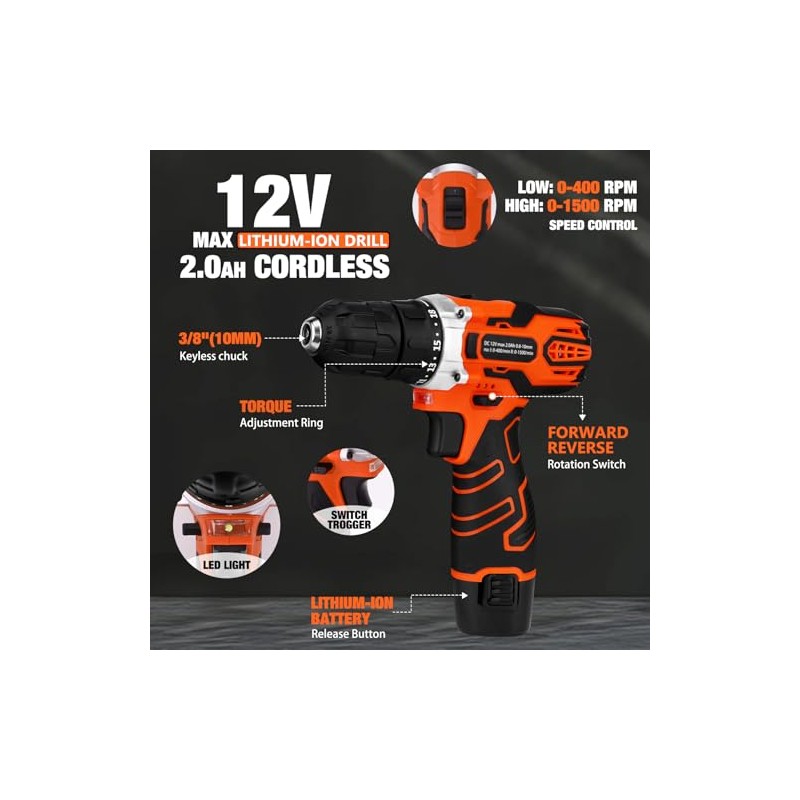 255-Piece Tool Set - Tool Kit with 12V Cordless Drill