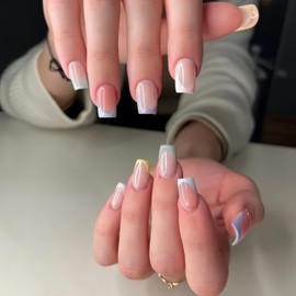 SXVME 24 Pcs Colorful French Tip Press on Nails Medium Short Square, Acrylic Fake Nails Press ons with Glue, Small Coffin Acrylic Natural Nude Glue on Nails for Women, 15 Sizes