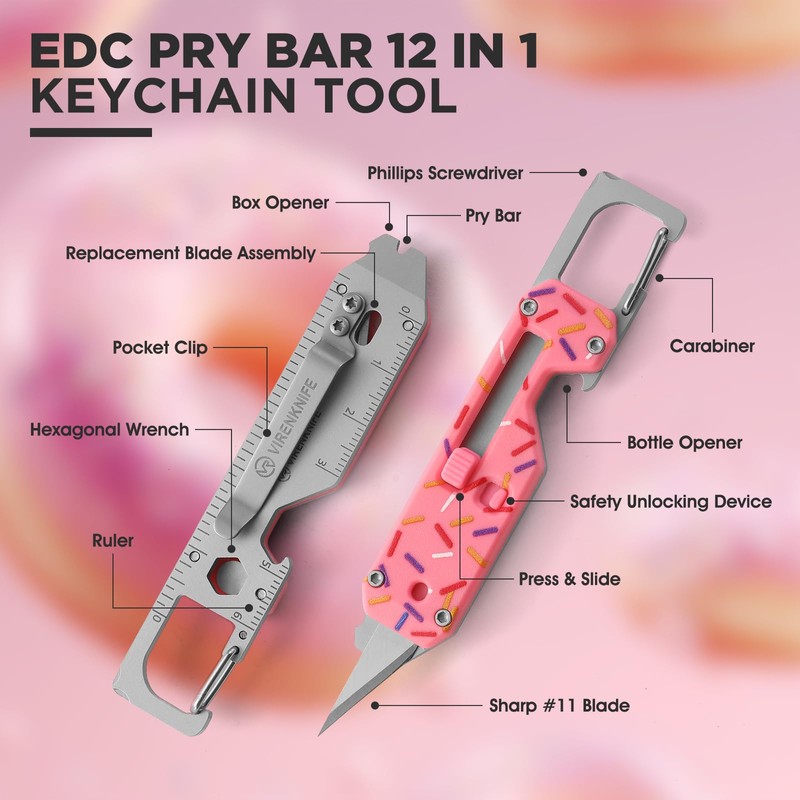 VIRENKNIFE Mini Utility Knife Keychain Multitool,12-in-1 EDC Multitool with Screwdriver,