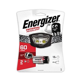 Energizer Linterna de Cabeza Universal 60 Lúmenes LED – 4 Modos de Luz con Banda Ajustable y Pilas AAA Incluidas - Blanco/Rojo