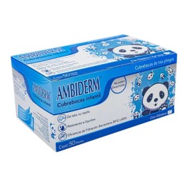 Ambiderm Cubrebocas Infantil Plisado Azul Pandascaja C/50pzs Color Azul con pandas Diseño de la tela Pandas