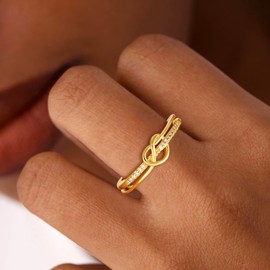Decholly Gold Rings for Women Non Tarnish, 18K Real Gold Plated Love Knot Ring Promise Ring for Her Stackable Cubic Zirconia Gold Rings Birthday Jewelry Gifts Size 9