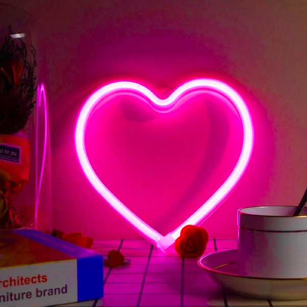 Pink Heart Neon Sign, LED Neon Light Battery Operated or USB Powered Decorations Lamp, Table and Wall Decoration Light for Girl's Room Dorm Wedding Anniversary Valentines Day Birthday Party Home Décor