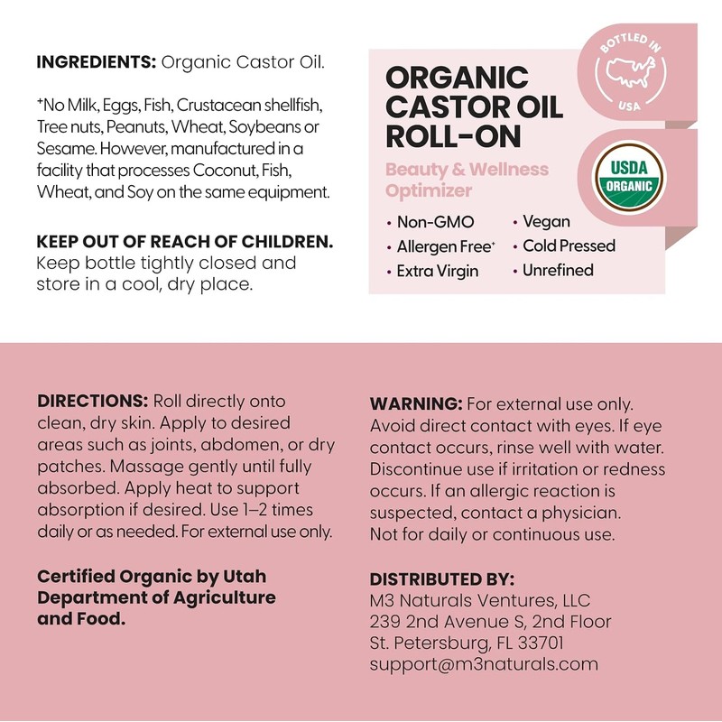 Organic Cold Pressed Castor Oil Roll-On, Hexane-Free, USDA 3 fl