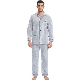 GLOBAL Men 100% Cotton Pajamas Set Button Down Pjs Long Sleeve Pajamas for Men Drawstring Elastic Waistband Pants Soft Comfy Sleepwear
