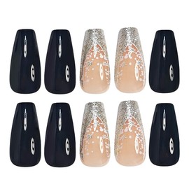 Press on Nails Medium Coffin Fake Nails Silver Glitter Acrylic Nails French Tip False Nails Gradient Artificial Nails Black Glue on Nails for Women Manicure Nails Decoration 24Pcs