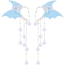 FRESHME Mermaid Fairy Ear Cuffs - Pink Elf Ear Cuffs No Piercing Elven Ear Climbers with Colorful Bead Tassel and Pearl Auricular Fins Earring Renaissance Renfaire Cosplay Mermaid Costume Accessories