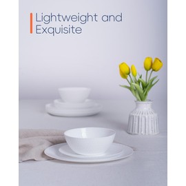 LaGlint Dinnerware Sets for 4, 12 Pieces Opal Glass Plates and Bowls Set, Dishwasher and Microwave Safe Ribbed Dish Dinning Ware, Chip and Scratch Resistant Dishware, Geometric Faceted White