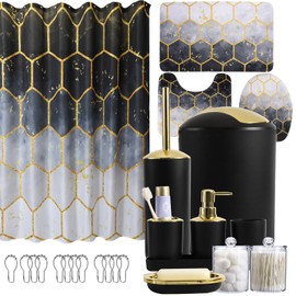 Black Gold Bathroom Sets with Shower Curtain and Rugs - 25 Pieces Complete Includes Trash Can, Soap Dispenser, Soap Dish, Toilet Brush, Toothbrush Holder, Tumbler Cup, Tray, Q-Tip Canisters, Hooks