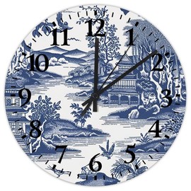 10" Silent Non-Ticking Wall Clocks Chinoiserie Asian Pagoda White Blue Porcelain Wall Decor for Garage Chinoiserie Toile Oriental Floral Frameless Round Wooden Wall Clock Rustic for Garden Study Room
