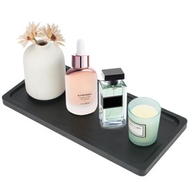 Bamboo Vanity Tray, Bathroom Sink Vanity Trays Bathroom Counter Tray for Organizing and Decor Display Toilet Tank Top Tray Bamboo Tray Rack Black Table Tray Rack 11.8 x 6 x 0.7 inch