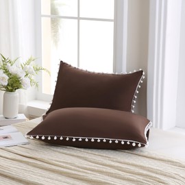 Dark Brown Pom Poms Pillowcases, Standard Queen Size Pillow Cases Set of 2, 100% Washed Microfiber,Chocolate Ball Fringe Pillow Cover, 2 Pack