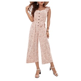 Floerns Women's Palm Leaf Print Shirred Back Button Cami Palazzo Jumpsuit Brown Multi M