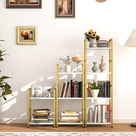 Katrawu Bookshelf Storage Shelf Bookcase, 3 Tier Industrial Bookcase,Small Book case for Living Room, Bedroom, and Home Office, Easy Assembly Free Combination Multi-Functional Organizer(3 Tier,Gold)
