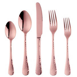 Bisda Copper Silverware Set, 20 Piece Premium 18/8 Stainless Steel Hammered Kitchen Utensil Flatware Cutlery Sets of 4, Mirror Polish, Dishwasher Safe