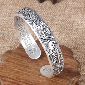 Feng Shui Lotus Heart Sutra Bracelet, Retro 999 Sterling Silver Tibetan Buddhist Mantra Amulet Bracelet, Wealth Luck Happiness Protection Bangle, Aztec Jewelry Men Women (D)