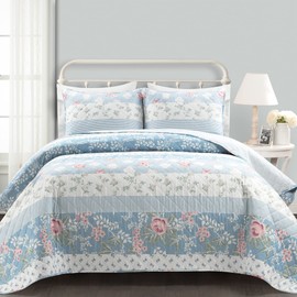 Lush Decor Cottage Core Flower Stripe Oversized Reversible 3 Piece Cotton Quilt Set, King, Blue & Dusty Pink