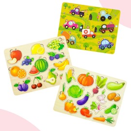 Wooden Puzzle from 1 Year Set Vehicles/Fruits/Vegetables - Wooden Puzzle from 2 3 4 Years Wooden Toy Wooden Puzzle Gift for Children, Girls and Boys (Set 3-in-1)