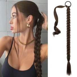 BECUS Long Braid Ponytail Extension with Elastic Tie Straight Sleek Wrap Around Braid Hair Extensions for Women Ponytail Natural Soft Synthetic Hairpiece Black Brown 32 Inch(After Braided 30 Inch)