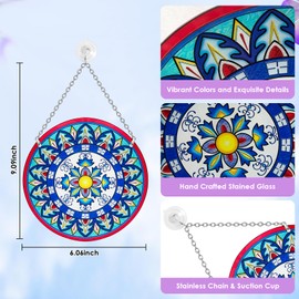 Sun Stained Glass Window Hanging, Mandala Stained Glass Panels with Chain, Boho Art Suncatchers for Windows, Sun Catchers Ornament for Home Wall Art Decor (Round, 6in)