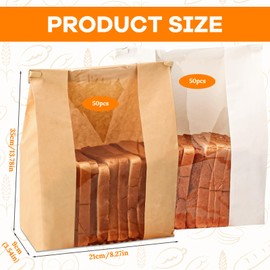100PCS Kraft Paper Bread Bags for Homemade Bread, Large Sourdough Bread Bags with Clear Window, Loaf Bag with Tin Tie Tab Lock for Cookies, Cakes, Snacks, and Sandwiches,13.8” × 3.5” × 8.3”