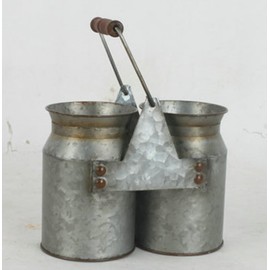 UPPER DECOR Vintage Galvanized Metal Double Planter Buckets with Handle, Indoor Outdoor Flower Pots, Rustic Farmhouse Tub for Herbs, Succulents, Wedding or Tabletop Decor, 8x4x6.75 Inch