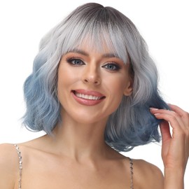Yamel Wavy Bob Wig with Bangs Natural Ombre Silver Blue Wig Synthetic Hair Shoulder Length Short Curly Ombre Wigs for Women