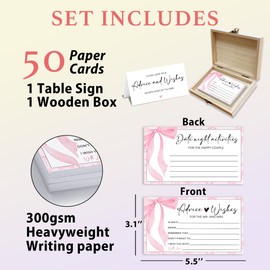 Pink Bow Advice and Wishes for the Mr and Mrs - 50 Packs Wedding Advice Cards Bridal Shower Game Cards with Box Reception Guest Book for Bride Groom Newlywed Engagement Party Decoration -A06