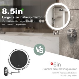 Hasipu 8.5-Inch Wall Mounted Makeup Mirror with Magnification, Rechargeable 2000 mAh Vanity Mirror with Lights, Bathroom Mirror with Dimmable Brightness, 3 Lighting Modes, Extendable Arm, Nickel