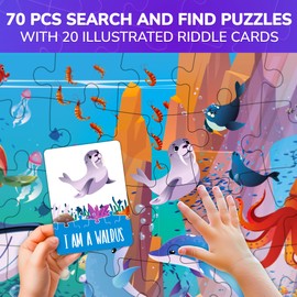 QUOKKA Search and Find Puzzles for Kids Ages 4-6 - Riddle Kids Puzzles 6-8 Years Old - 70 Unique Pcs | 20 Illustrated Guessing Cards | Engaging Children Themes - Ocean Puzzle Gift for Toddlers 3-5