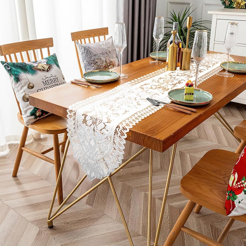 Christmas Table Runner, Lace Table Runner White Christmas Runner for