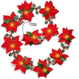 Christmas Poinsettia Garland with Light, 6.5 FT Lighted Artificial Garlands with Red Flowers and Berries, Battery Operated Poinsettia String Lights, Light up for Xmas New Year Home Décor