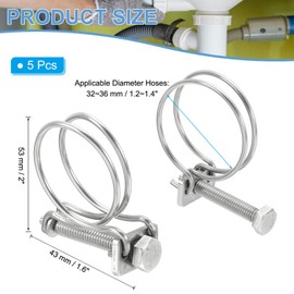 PATIKIL 32-36mm Adjustable Double Wire Hose Clamp, 5 Pcs 304 Stainless Steel Wire Hose Clips Pipe Tube Clamps for Dust Collection Rubber PVC Pool Pump Hose