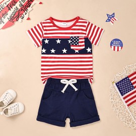 KAFIREN Toddler 4th of July Outfit Boy 24 Months Boy Clothes Summer Outfits American Flag Star Shirt Pocket Pants 2 Piece 2-3T
