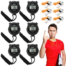 6 Pieces Digital Sports Stopwatch Timer, Digital Stopwatch with Large Display, Handheld Chronograph, Sports Stopwatches with Stainless Steel Whistle for Football, Basketball, Running, Swimming,