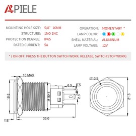 APIELE 16mm Momentary Black Push Button Switch On Off with 12V LED Angel Ring Head for 16mm 0.63" Mounting Hole with Wire Socket Plug Self-Reset (Green/Black Shell)