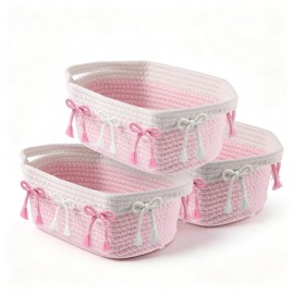 Simihiran 2PC Pink Bow Baskets for Gift Cute Coquette Woven Rope Storage Basket with Handle Laundry Hamper Storage Bins for Home Decor Organization Nursery Baby Shower, 11.8''x7.8''x4.7''