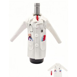 Beipof 1Pack White Felt Doctor Wine Coat, Doctor Wine Bottle Cover with Syringe Capsules,Ceremony Bag for Graduation Retirement Medical Student Practitioner(Men)