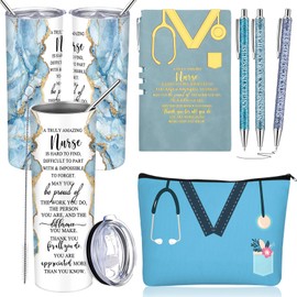 Domensi 6 Pcs Nurse Week Appreciation Gifts for Women Medical Nursing Assistant 20 oz Marble Sign Tumbler Makeup Bag Notepad with Ballpoint Pen for Graduation Nursing Student(Blue)