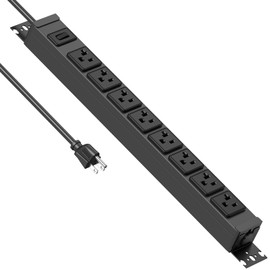 JUNNUJ Heavy Duty Power Strip Wall Mount, 20 Amp Surge Protector 1200J Metal 8 Outlet Under Desk Mounted 20A, Garage Power Table Socket Industrial Outlets 6-20R T-Slot, Black-10FT 12AWG Extension Cord