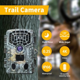 HFITACE 4K 48MP Trail Camera - Night Vision,Motion Activated,IP66 Waterproof,40 No-Glow Infrared LEDs,0.2s Trigger Speed,120° Wide-Angle for Wildlife Monitoring