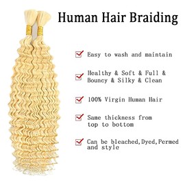 Jucames Real Hair Wefts, Deep Wave Human Braiding Hair Extension, Unprocessed Remy Hair Wefts, No Weft, #613 Blonde Colour for Woman, 24 24 Inches/61