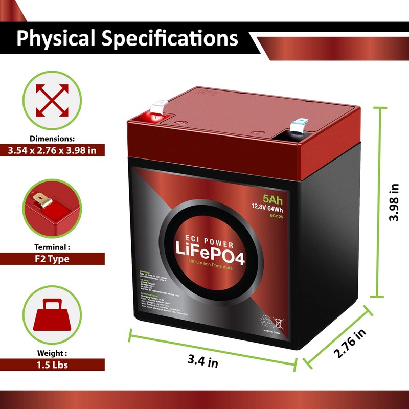 2 Pack ECI Power 12V 5Ah Lithium LiFePO4 Deep Cycle