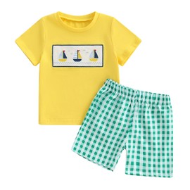 Toddler Baby Boy Sailboat Outfit Boating Sailing Embroidery Cotton T-Shirt Plaid Shorts Set Little Boy Summer Clothes (A Yellow, 12-18 Months)