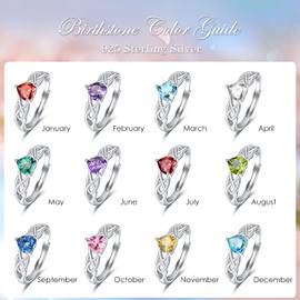 Celtic Knot Heart Birthstone Rings 925 Sterling Silver Adjustable Engagement Ring 12 Months Birth Stone Wedding Jewellery Gifts for Women Girls Women, Sterling Silver