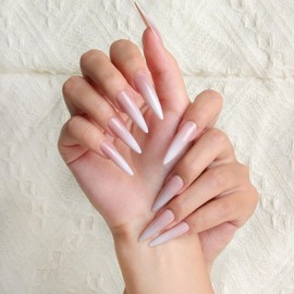 Melines 24pcs Gradient Nude Long Almond Press On Nails, Reusable Nail Kit with Nail Adhesive Tabs Mini Nail File, 12 Sizes (Gradient Nude)