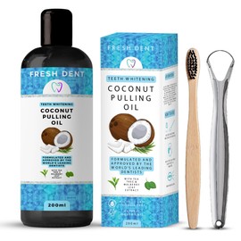 Fresh Dent Coconut Pulling Oil 200ml | Natural Teeth Whitening & Oral Detox | with Tea Tree & Mulberry Leaf Extract | Fights Bad Breath | Alcohol & Fluoride Free | Ayurvedic Oil Pulling