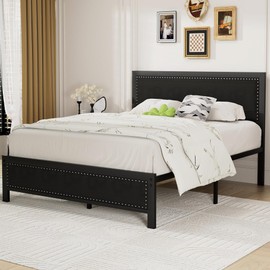 VECELO Queen Size Bed Frame with Upholstered Headboard, Heavy-Duty Platform with Strong Metal Slats, No Box Spring Needed, Easy Assembly, Linen & Black