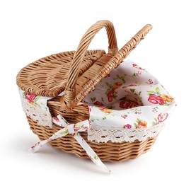 Aigid Picnic Basket Oval Double Lid Linen Flowers Picnic Storage Basket Holiday Camping Use Home Decor